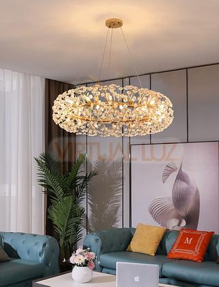 Lustre Pendente Cristal Dourado Dente De Leão 60cm VL-6024 Bivolt